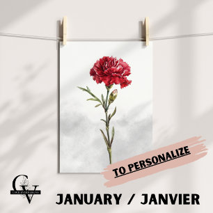 Botanical watercolor flower January red carnation Poster