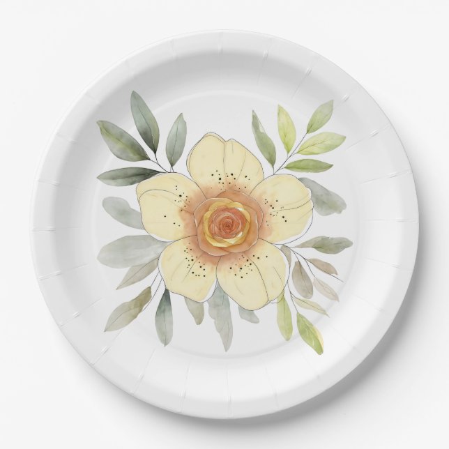 Botanical Watercolor Flower Painting With Foliage Paper Plate (Front)