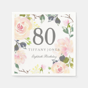Botanical Watercolor Flowers 80th Birthday Party Napkin