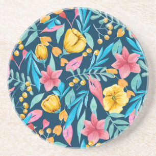Botanical watercolor: flowers, leaves ornament. coaster