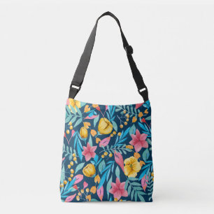 Botanical watercolor: flowers, leaves ornament. crossbody bag