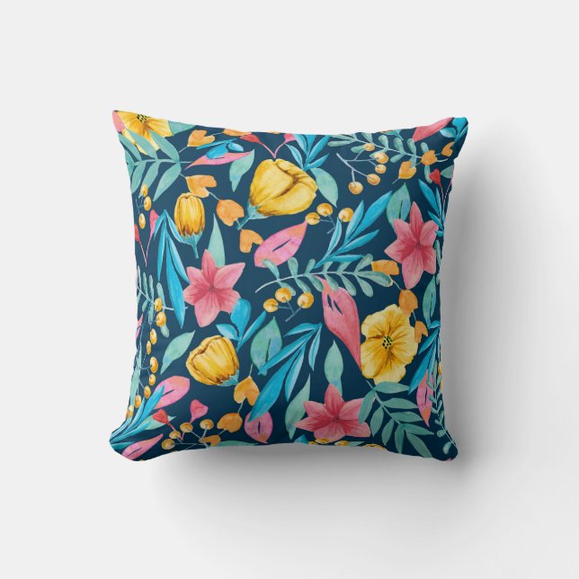 Botanical watercolor: flowers, leaves ornament. cushion (Front)