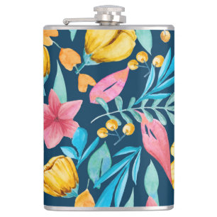 Botanical watercolor: flowers, leaves ornament. hip flask