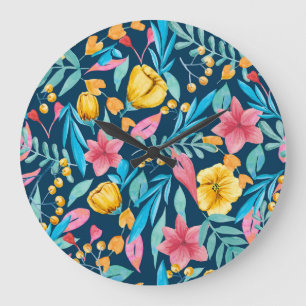 Botanical watercolor: flowers, leaves ornament. large clock