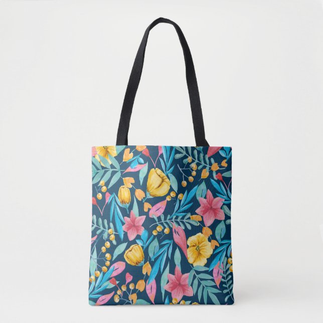 Botanical watercolor: flowers, leaves ornament. tote bag (Front)