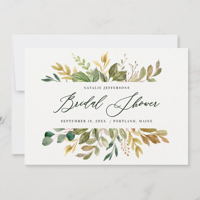 Botanical watercolor green gold bridal shower invitation (Front)