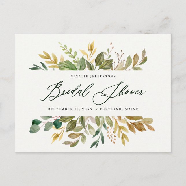Botanical watercolor green gold bridal shower postcard (Front)