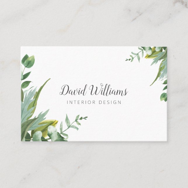 Botanical watercolor green leaves business card (Front)
