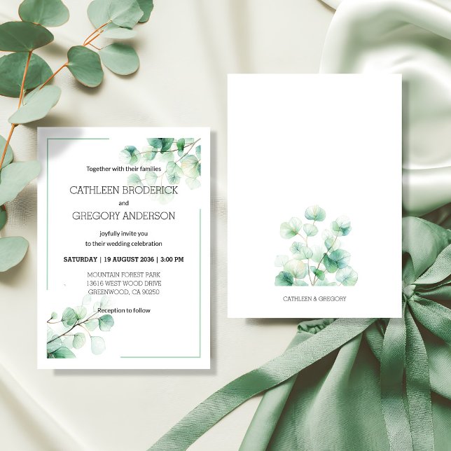 Botanical Watercolor Greenery Eucalyptus Wedding Invitation (Garden Green Watercolor Eucalyptus Leaves Wedding Invitation)