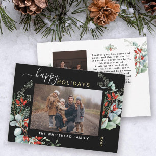 Botanical Watercolor Greenery Photo Black Holiday Card