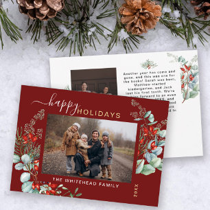 Botanical Watercolor Greenery Photo Burgundy Holiday Card