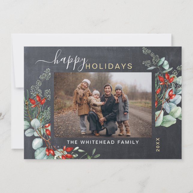 Botanical Watercolor Greenery Photo Chalkboard Holiday Card (Front)
