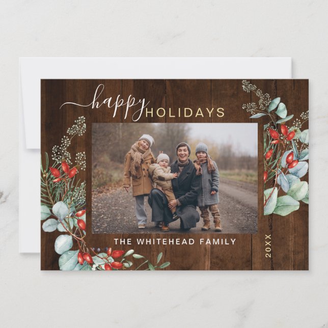 Botanical Watercolor Greenery Photo Dark Wood Holiday Card (Front)