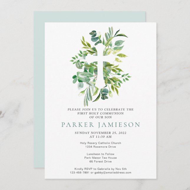 Botanical Watercolor Greens First Holy Communion Invitation (Front/Back)