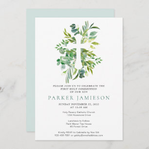 Botanical Watercolor Greens First Holy Communion Invitation