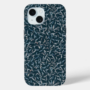 Botanical watercolor grey blue leaves on dark blue iPhone 15 case