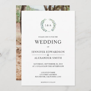 Botanical watercolor leaves monogram photo Wedding Invitation