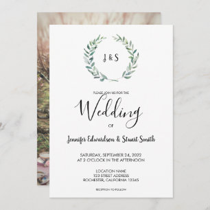 Botanical watercolor leaves monogram photo Wedding Invitation