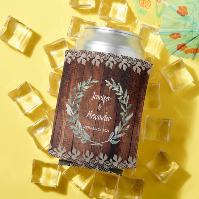 Botanical watercolor leaves rustic wood Wedding Can Cooler (In Situ Summer)