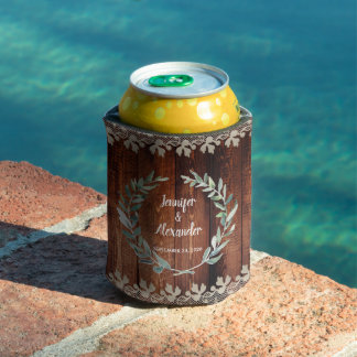 Botanical watercolor leaves rustic wood Wedding Can Cooler