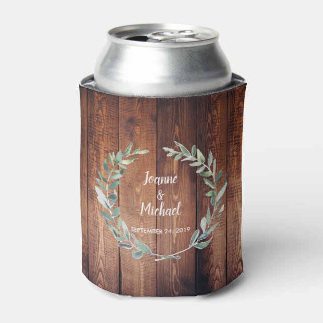 Botanical watercolor leaves rustic wood Wedding Can Cooler (Can Front)