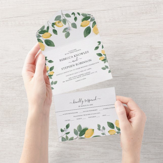 Botanical Watercolor Lemon & Greenery Wedding All In One Invitation (Tearaway)