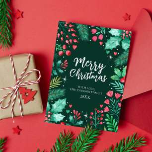 Botanical Watercolor Merry Christmas Dark Green Holiday Card