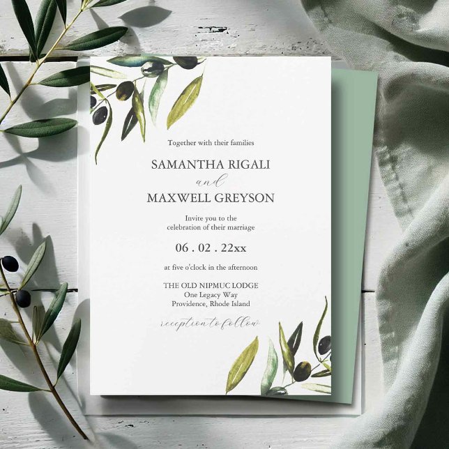 Botanical Watercolor Olive Branch Wedding Invitation (olive wedding invitations features watercolor art by Victoria Grigaliunas of do Tell A Belle)