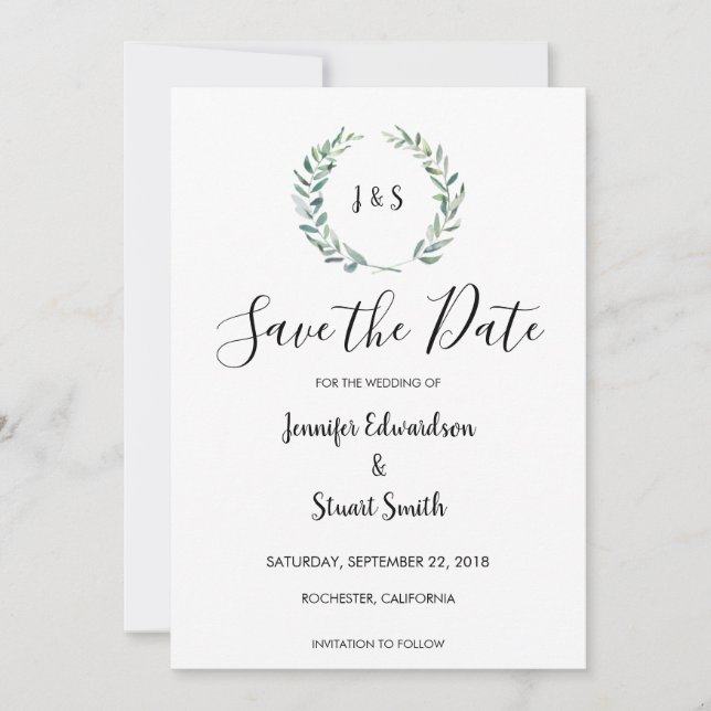 Botanical watercolor olive leaves Save the Date (Front)