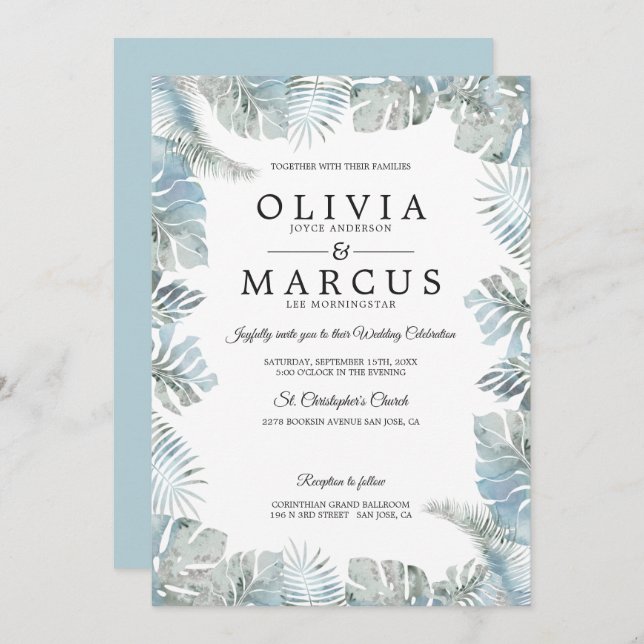 Botanical Watercolor Pale Dusty Blue Wedding Invitation (Front/Back)