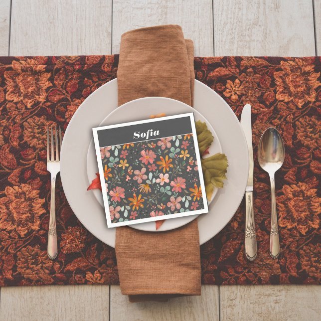 Botanical watercolor pattern custom grey napkin (Creator Uploaded)