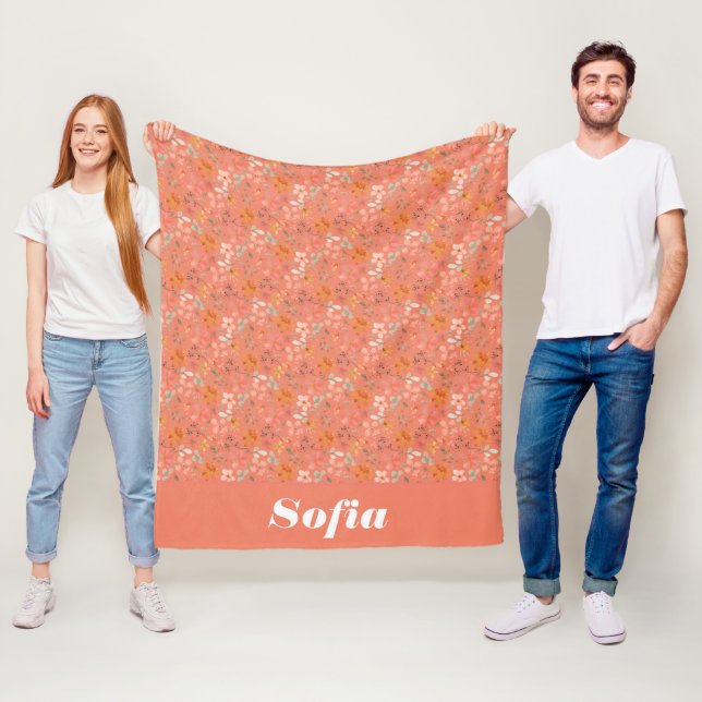 Botanical watercolor pattern custom pink orange fleece blanket (In Situ)