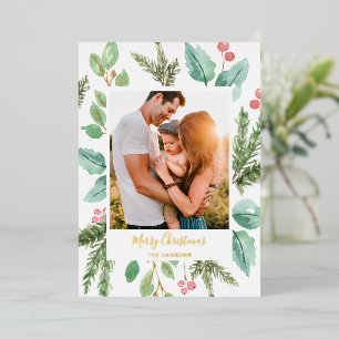 Botanical Watercolor Photo Elegant Christmas Foil Holiday Card