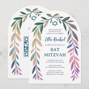 Botanical Watercolor QR Code Bar Bat Mitzvah Arch Invitation