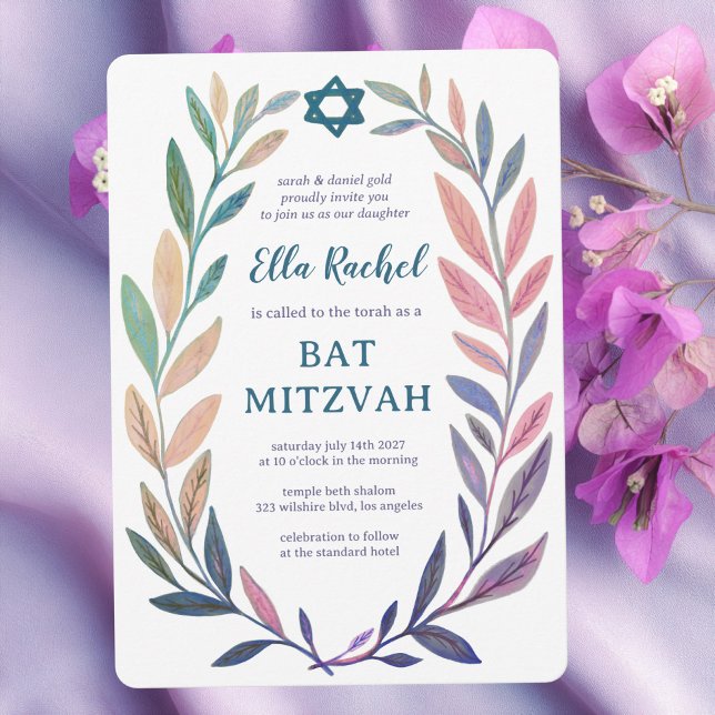Botanical Watercolor Star of David Bar Bat Mitzvah Invitation (Botanical Watercolor Star of David Bar Bat Mitzvah Invitation
Purple Pink Vines)
