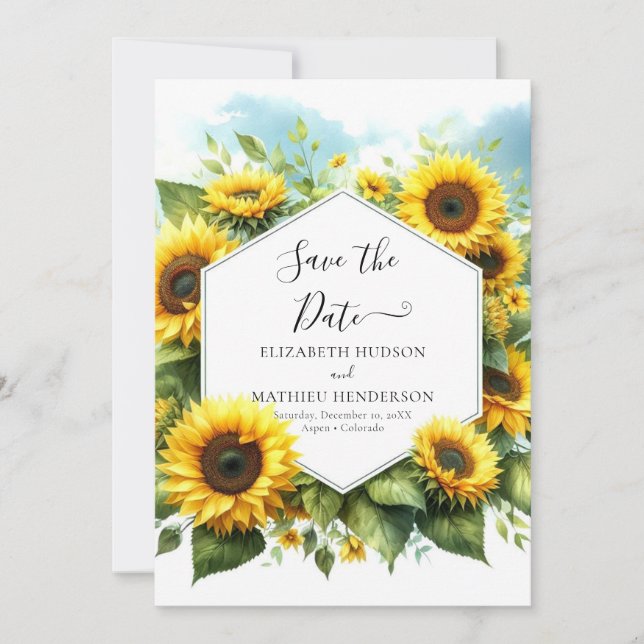 Botanical Watercolor Sunflower Wedding Save The Date (Front)