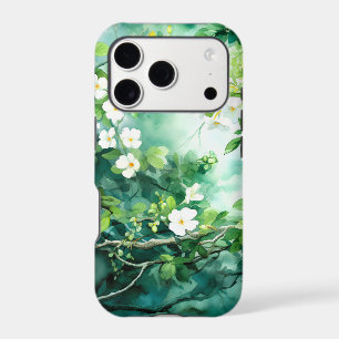 Botanical Watercolor White Blossoms Green Leaves