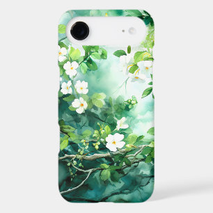 Botanical Watercolor White Blossoms Green Leaves