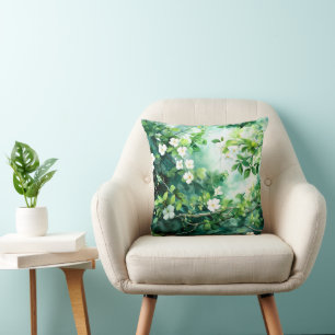 Botanical Watercolor White Blossoms Green Leaves Cushion