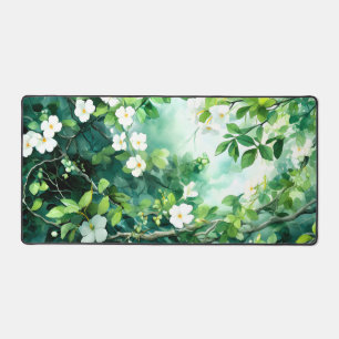 Botanical Watercolor White Blossoms Green Leaves Desk Mat