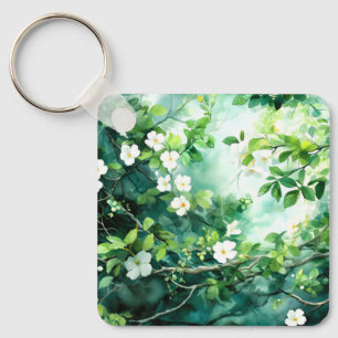 Botanical Watercolor White Blossoms Green Leaves Key Ring
