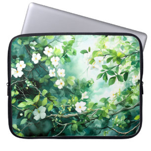 Botanical Watercolor White Blossoms Green Leaves Laptop Sleeve