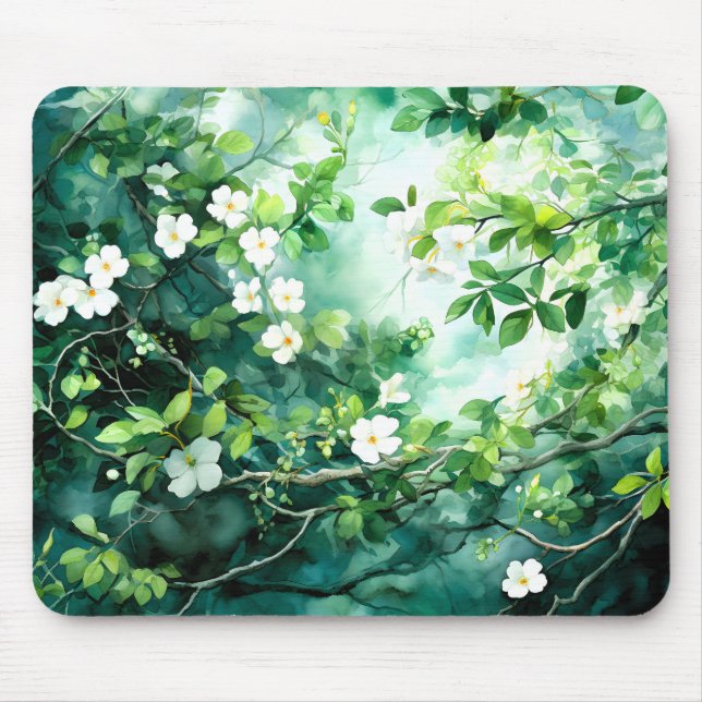 Botanical Watercolor White Blossoms Green Leaves Mouse Pad (Front)