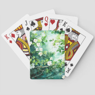 Botanical Watercolor White Blossoms Green Leaves Playing Cards