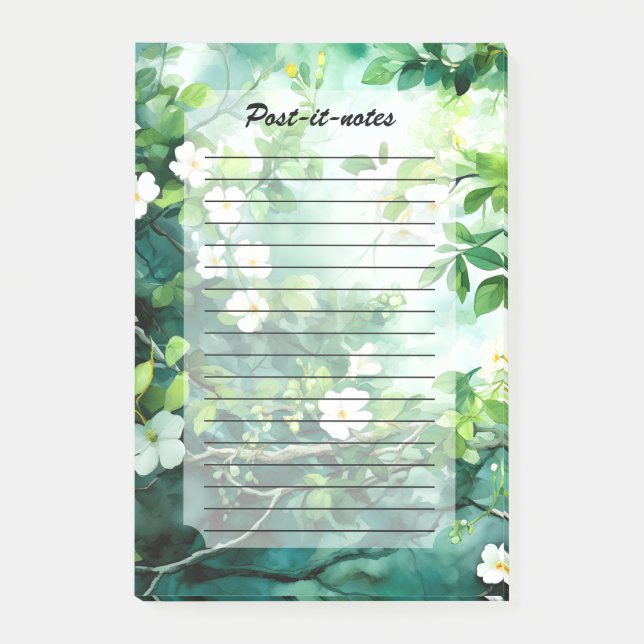 Botanical Watercolor White Blossoms Green Leaves Post-it Notes (Front)