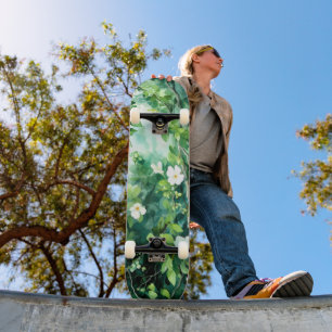 Botanical Watercolor White Blossoms Green Leaves Skateboard