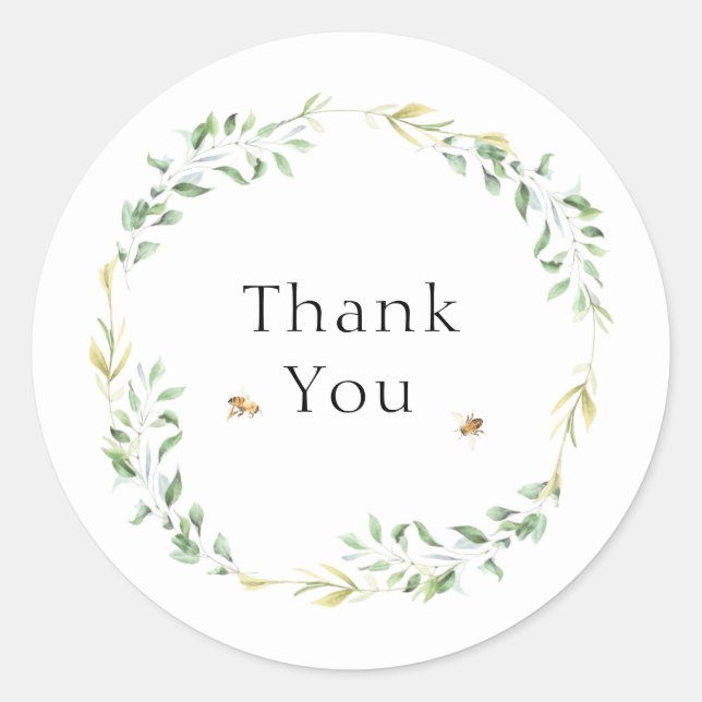 Botanical Watercolor Wreath Honeybees Thank You Classic Round Sticker (Front)