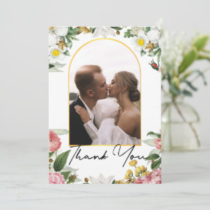 botanical wedding arch photo gold thank you  card