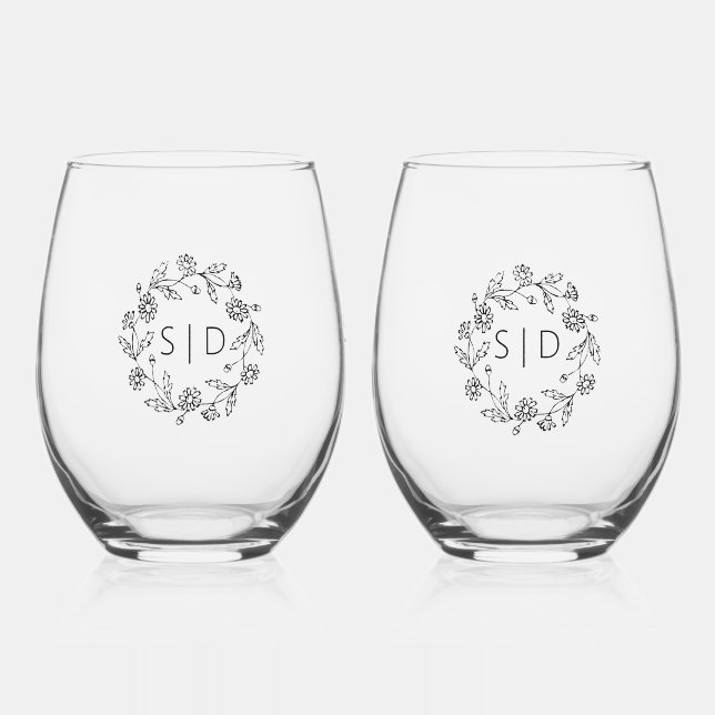 Botanical Wedding black white Stemless Wine Glass (Front)