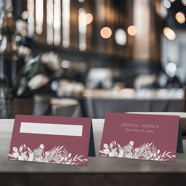 Botanical Wedding Burgundy Grey Personalised Place Card (Wedding table place cards in burgundy and grey from the Foliage Duet Collection by Darling & May)